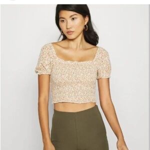 Aerie smocked Puff Sleeve Square Neck floral Top Xs